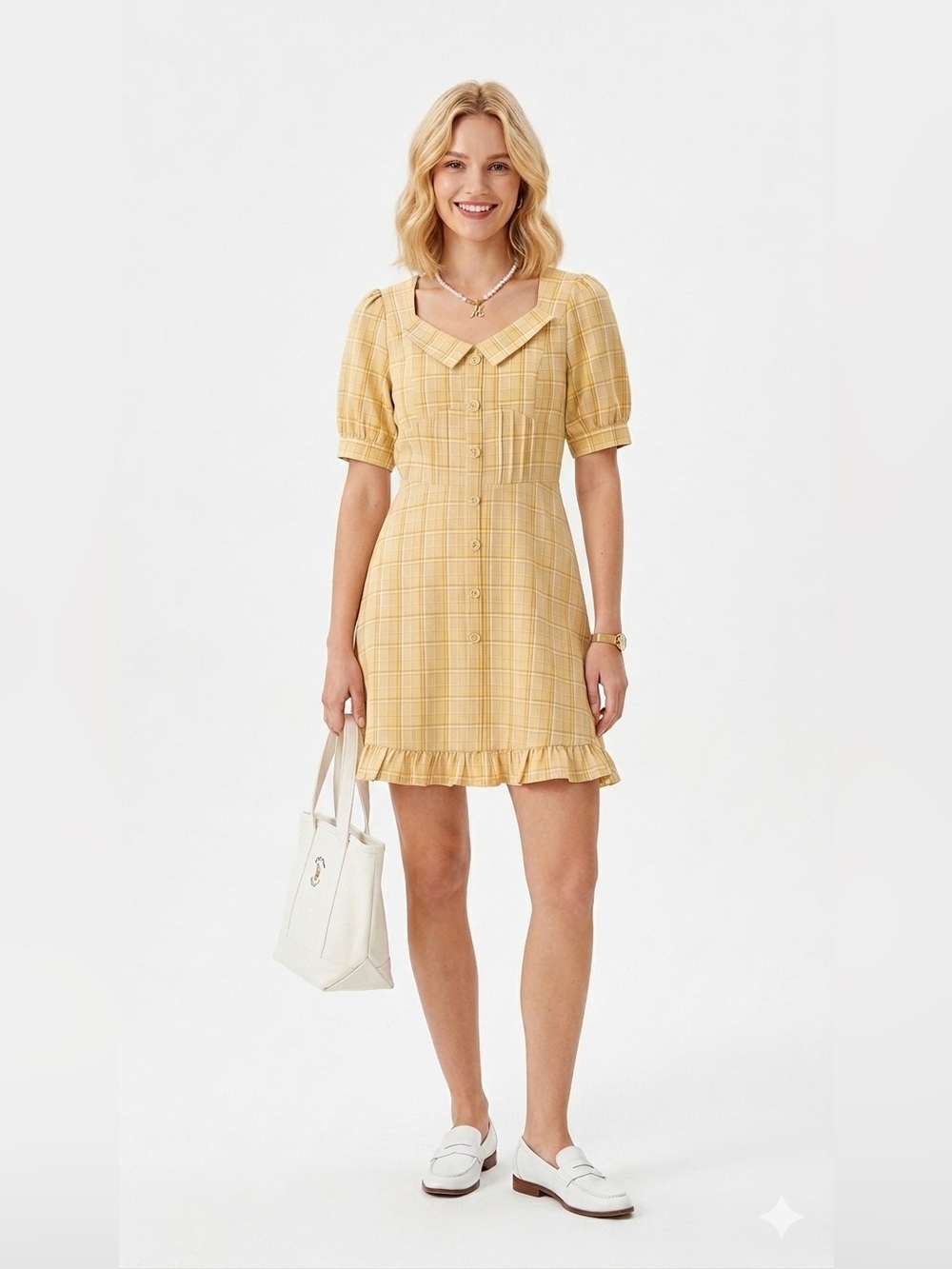 Vintage-Inspired Plaid Babydoll Dress Mustard Yellow Peter Pan Collar Size Small
